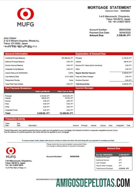 em branco Japão O Banco de Tóquio Mitsubishi UFJ (MUFG) Declaração de hipoteca Word e modelo PDF